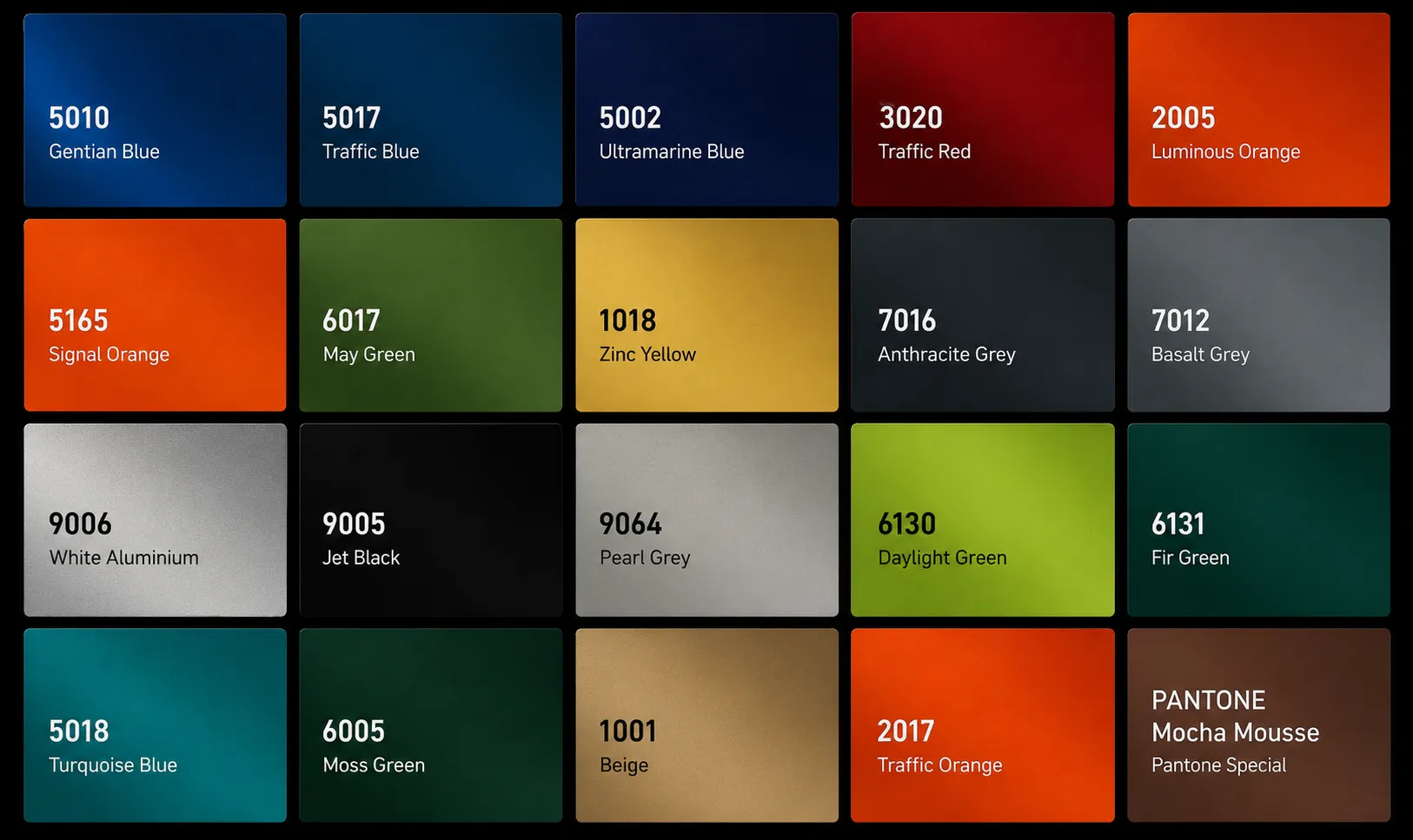 Color options for padel court metal structures including RAL and PANTONE collections