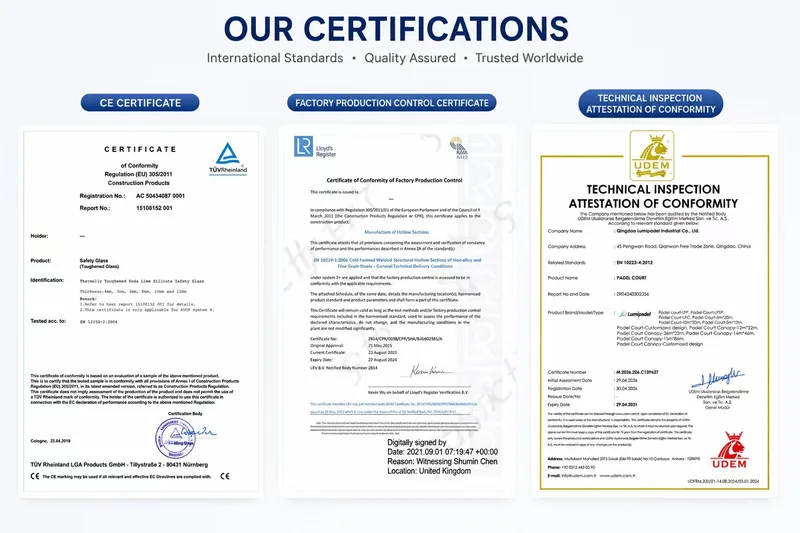 LumiPadel certificates and quality certifications